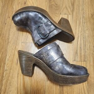 Born Moro‎ Metallic Leather Platform Clogs Slide On Mules Chucky Heel